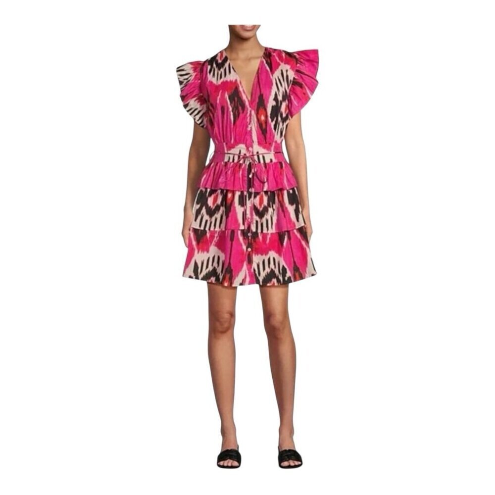 Ro's Garden Hunan Boyfriend Tiered Mini Dress Large Printed Cap Sleeve Pink NWT